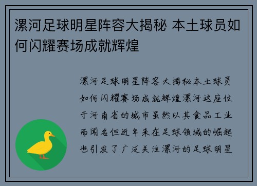 漯河足球明星阵容大揭秘 本土球员如何闪耀赛场成就辉煌